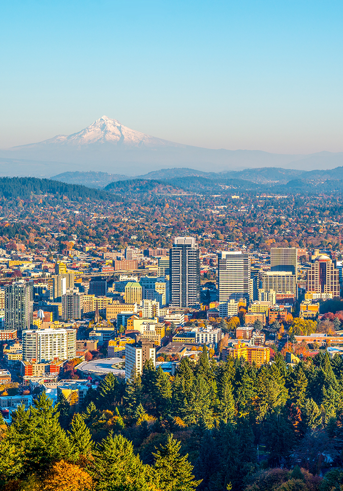 Portland Oregon aerial photo with mountains in the background