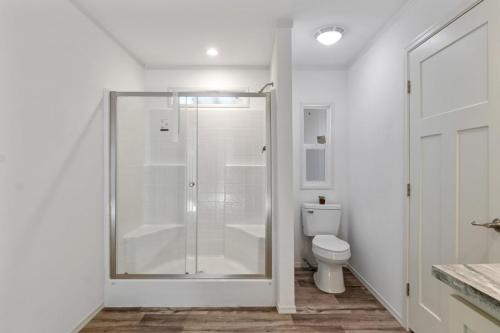 A white bathroom with a shower stall and toilet.